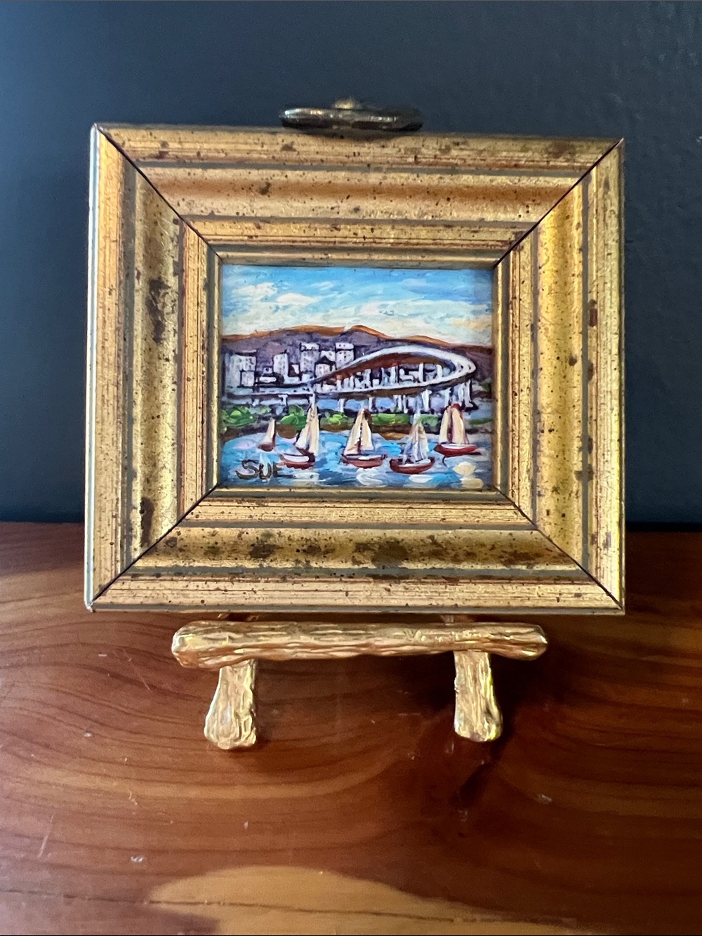 Susan Tushingham miniature Gold Framed Coastal Painting with easel San Diego